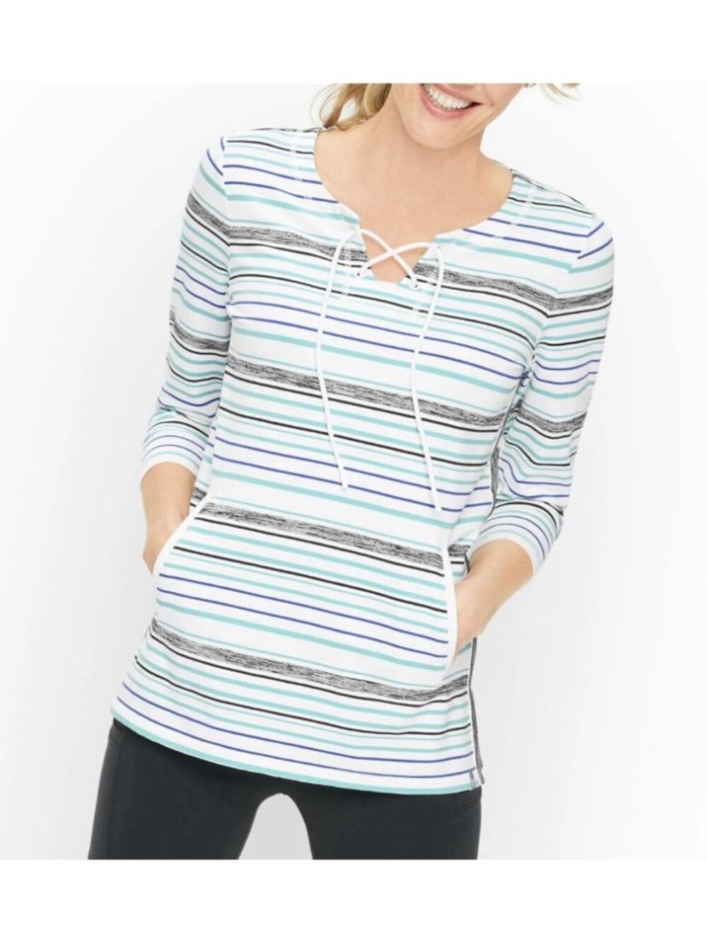 T By Talbots Nautical Stripe Top Womens Medium Blue Gray Lace Up Neck 3/4 Sleeve
